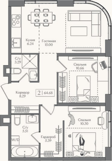 Планировка: 3-к, 64,7 м²