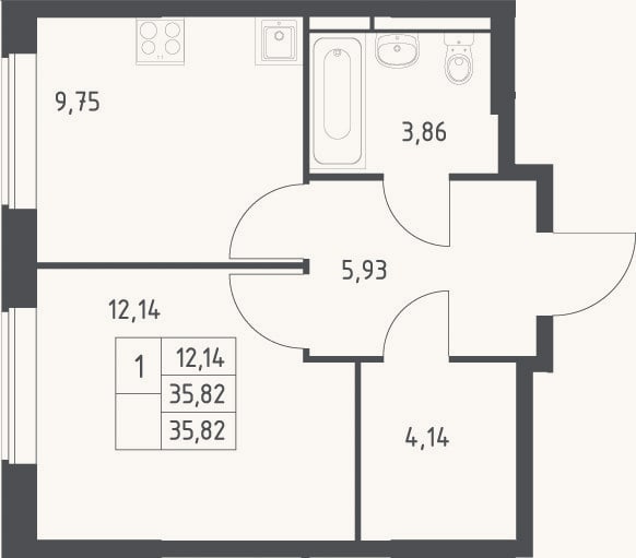 Планировка: 1-к, 35,8 м²