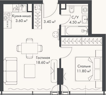 Планировка: 2-к, 41,9 м²