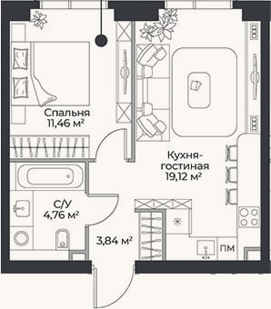 Планировка: 2-к, 39,2 м²