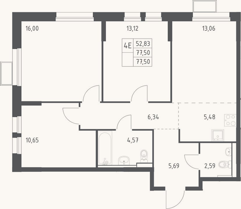 Планировка: 4+ к, 77,5 м²