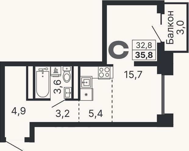 Планировка: Студия, 32,8 м²