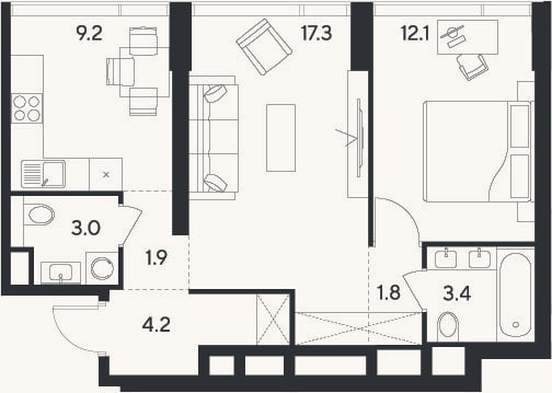 Планировка: 2-к, 52,9 м²