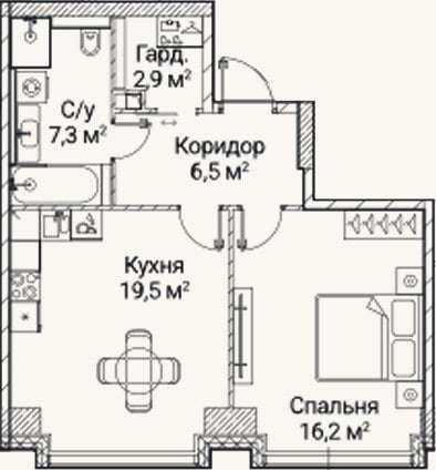 Планировка: 1-к, 52,4 м²