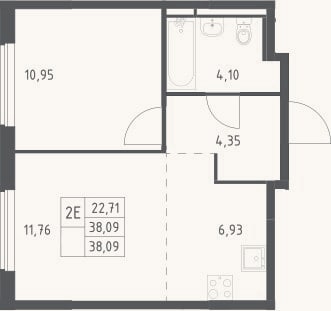 Планировка: 2-к, 38,1 м²