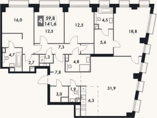 Планировка: 4+ к, 141,6 м²