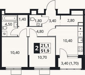 Планировка: 2-к, 50,2 м²