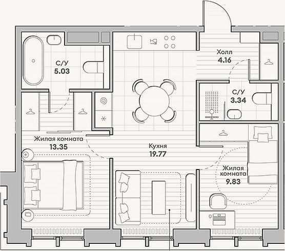 Планировка: 2-к, 55,5 м²