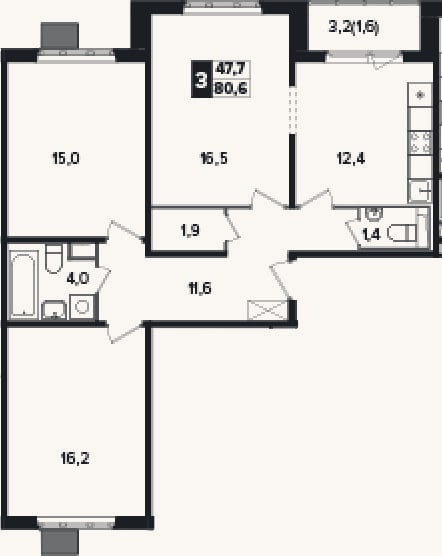 Планировка: 3-к, 79 м²