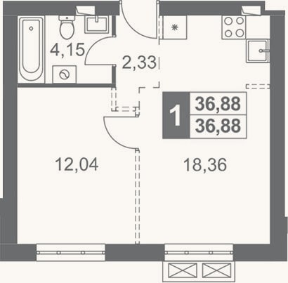 Планировка: 1-к, 36,9 м²