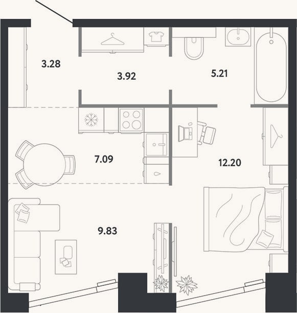 Планировка: 1-к, 41,5 м²