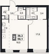 Планировка: 2-к, 59,1 м²