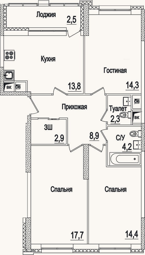 Планировка: 3-к, 78,5 м²