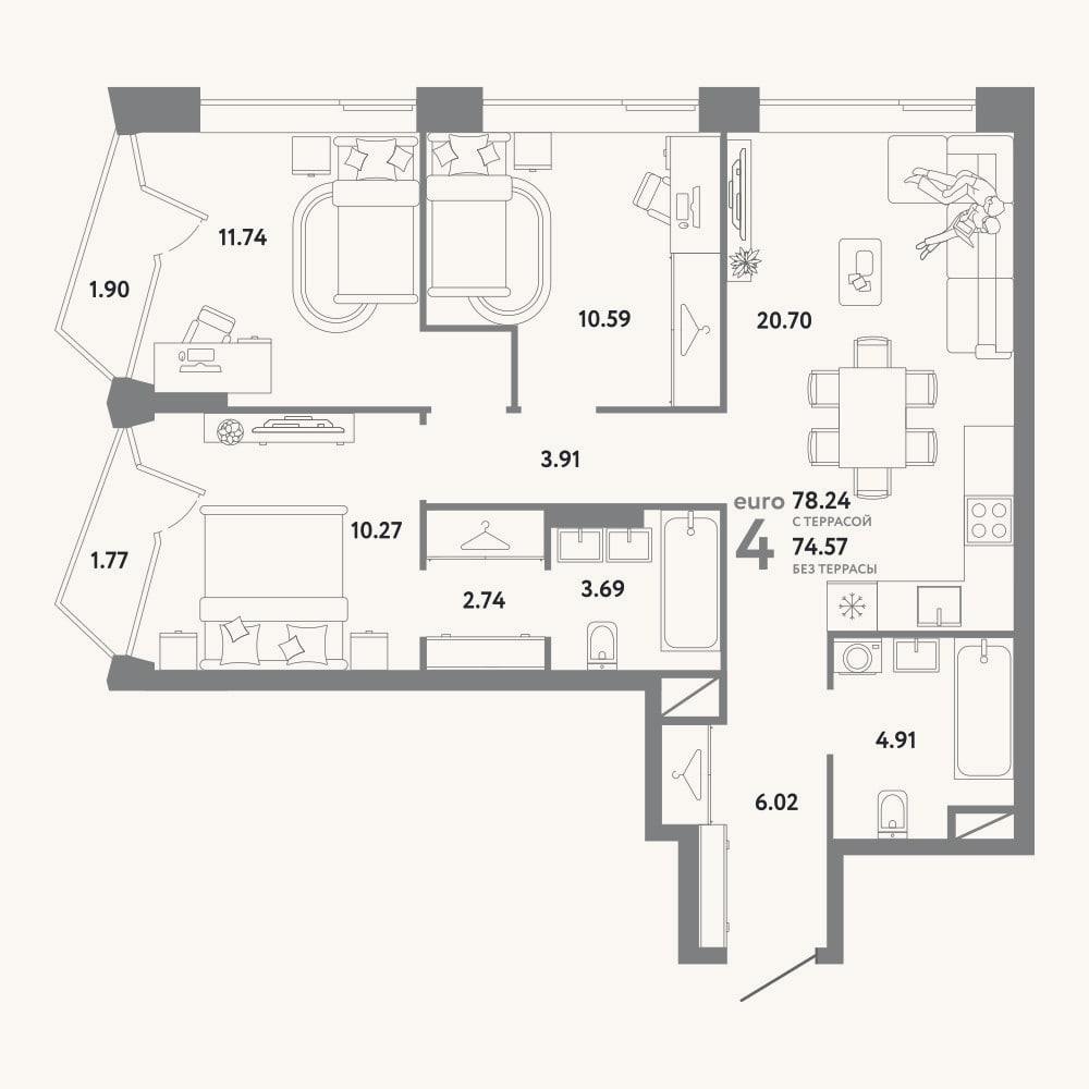 Планировка: 4+ к, 74,6 м²