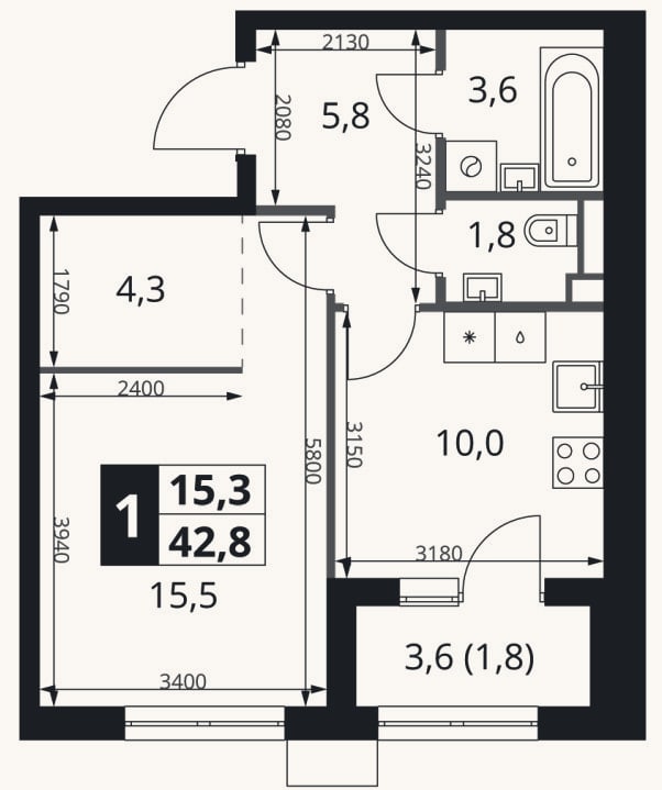 Планировка: 1-к, 41 м²