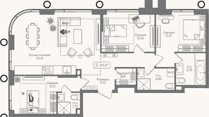 Планировка: 4+ к, 93,6 м²