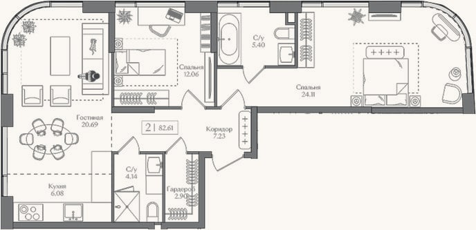 Планировка: 3-к, 82,6 м²