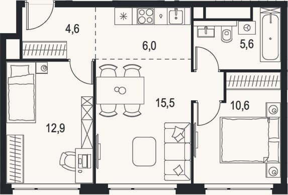 Планировка: 3-к, 55,2 м²