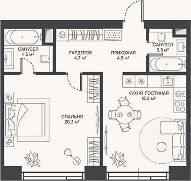 Планировка: 2-к, 55,7 м²