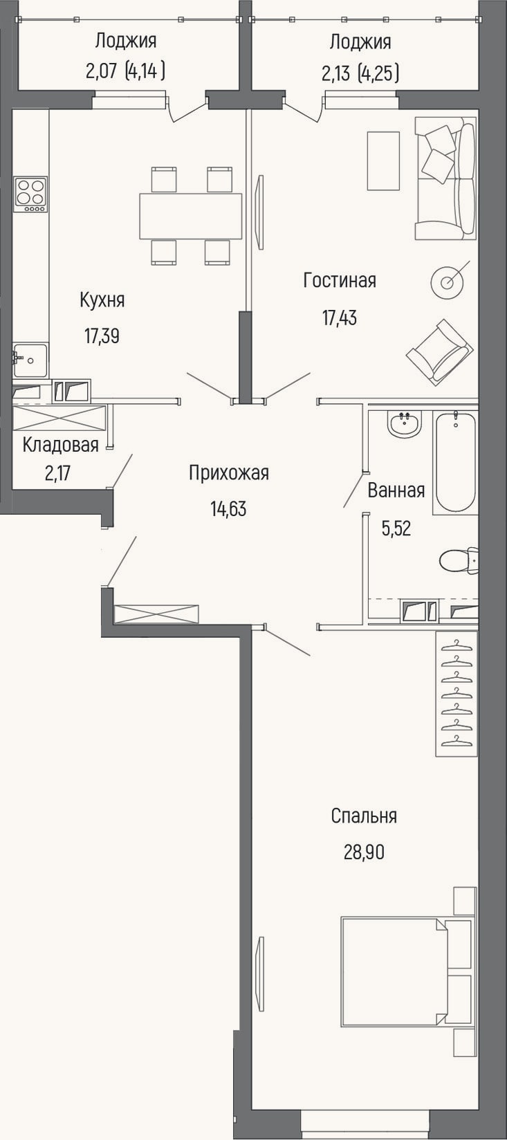 Планировка: 2-к, 82 м²