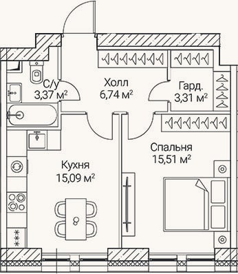 Планировка: 1-к, 44 м²