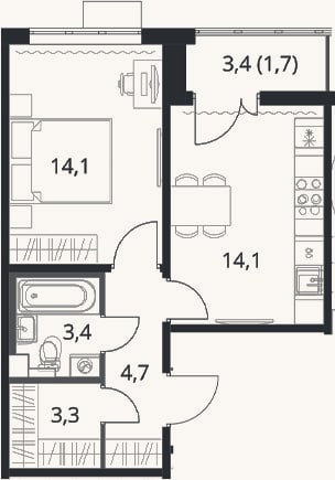 Планировка: 1-к, 39,6 м²