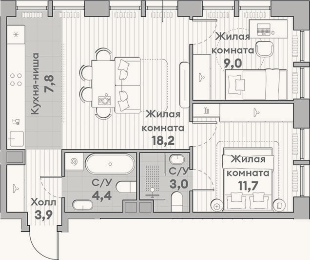 Планировка: 3-к, 58 м²