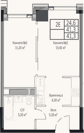 Планировка: 2-к, 41,3 м²