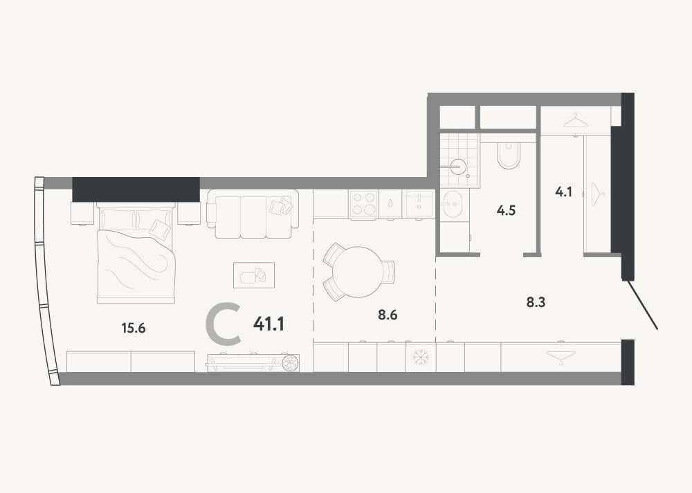 Планировка: Студия, 41,1 м²