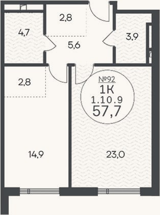 Планировка: 1-к, 57,7 м²