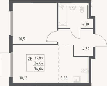 Планировка: 2-к, 34,6 м²