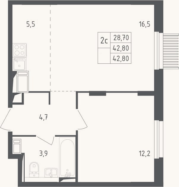Планировка: 2-к, 42,8 м²
