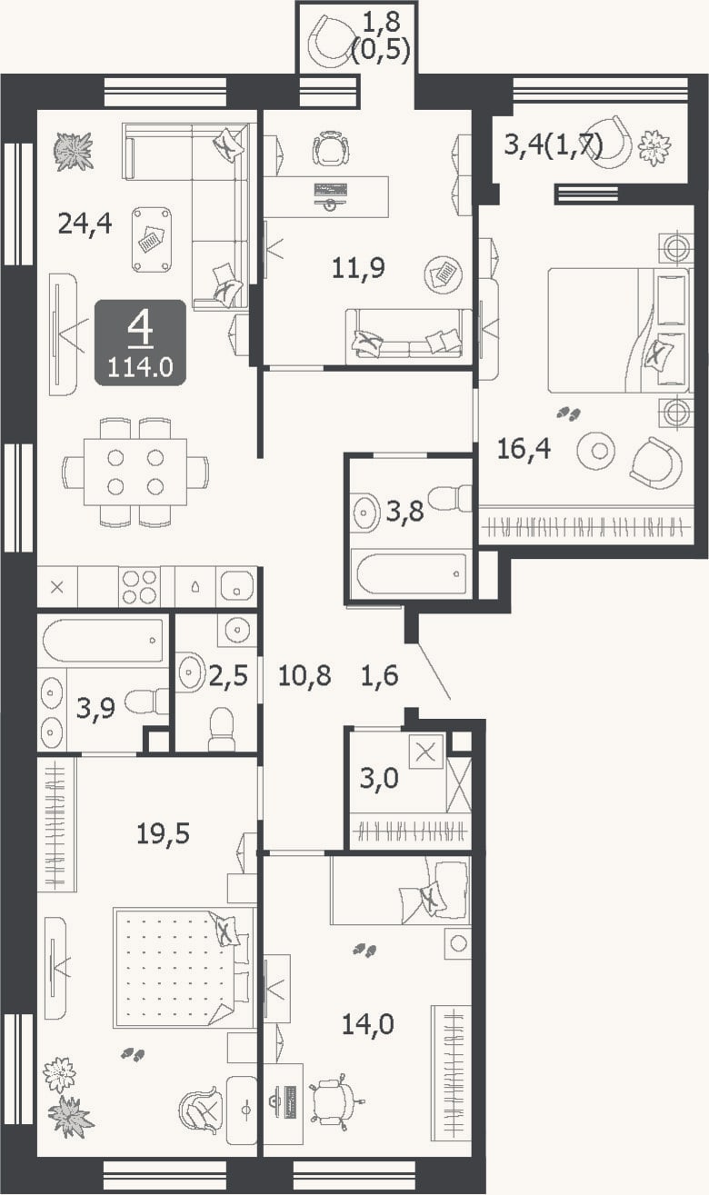 Планировка: 4+ к, 111,8 м²