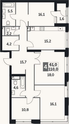 Планировка: 4+ к, 108,8 м²