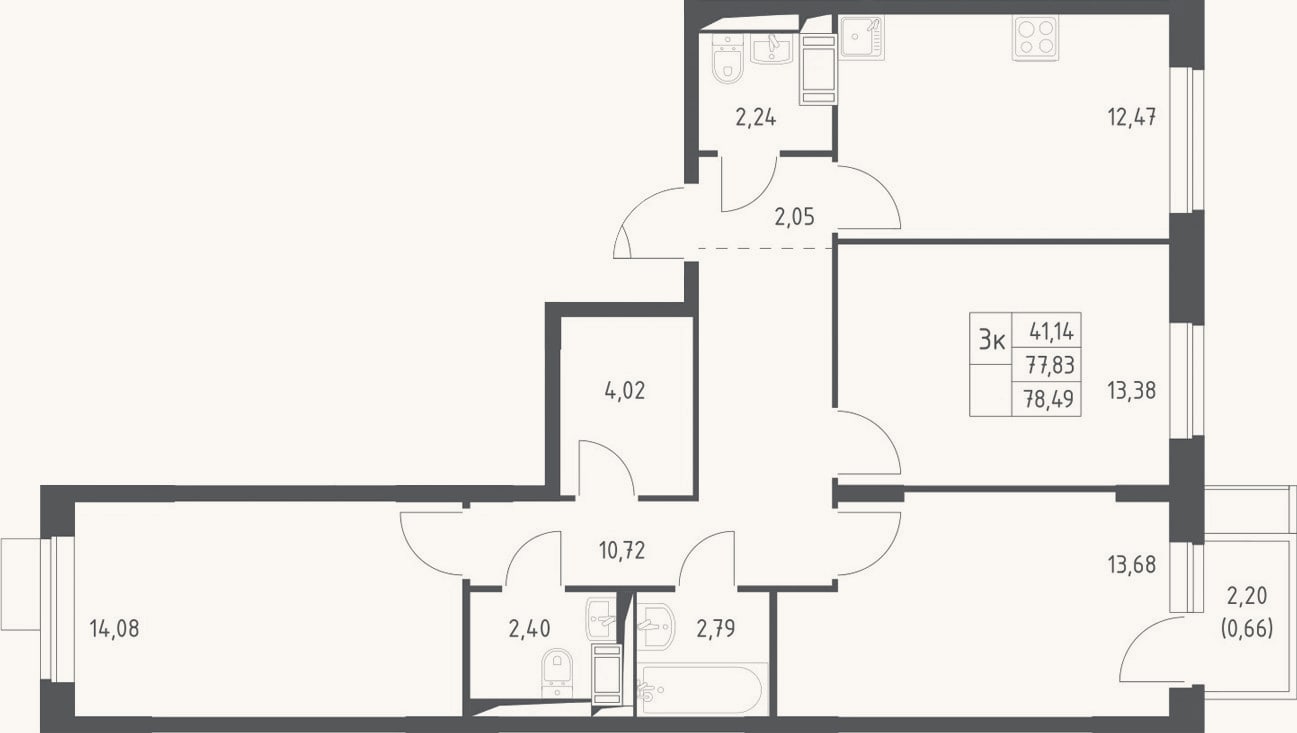 Планировка: 3-к, 77,8 м²