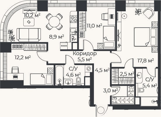 Планировка: 4+ к, 85,4 м²