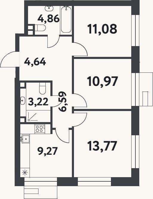 Планировка: 3-к, 64,4 м²