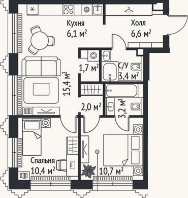 Планировка: 3-к, 59,5 м²