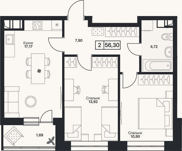 Планировка: 2-к, 54,6 м²