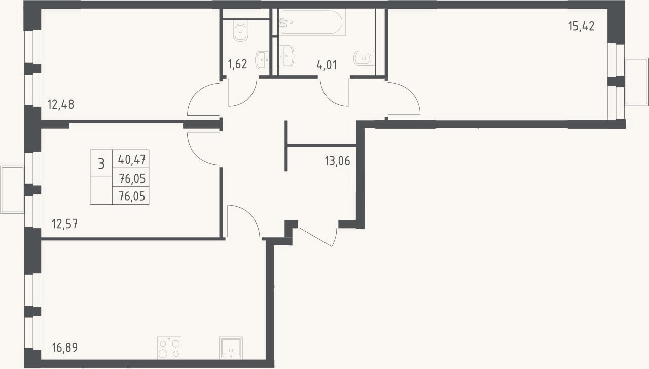 Планировка: 3-к, 76,1 м²
