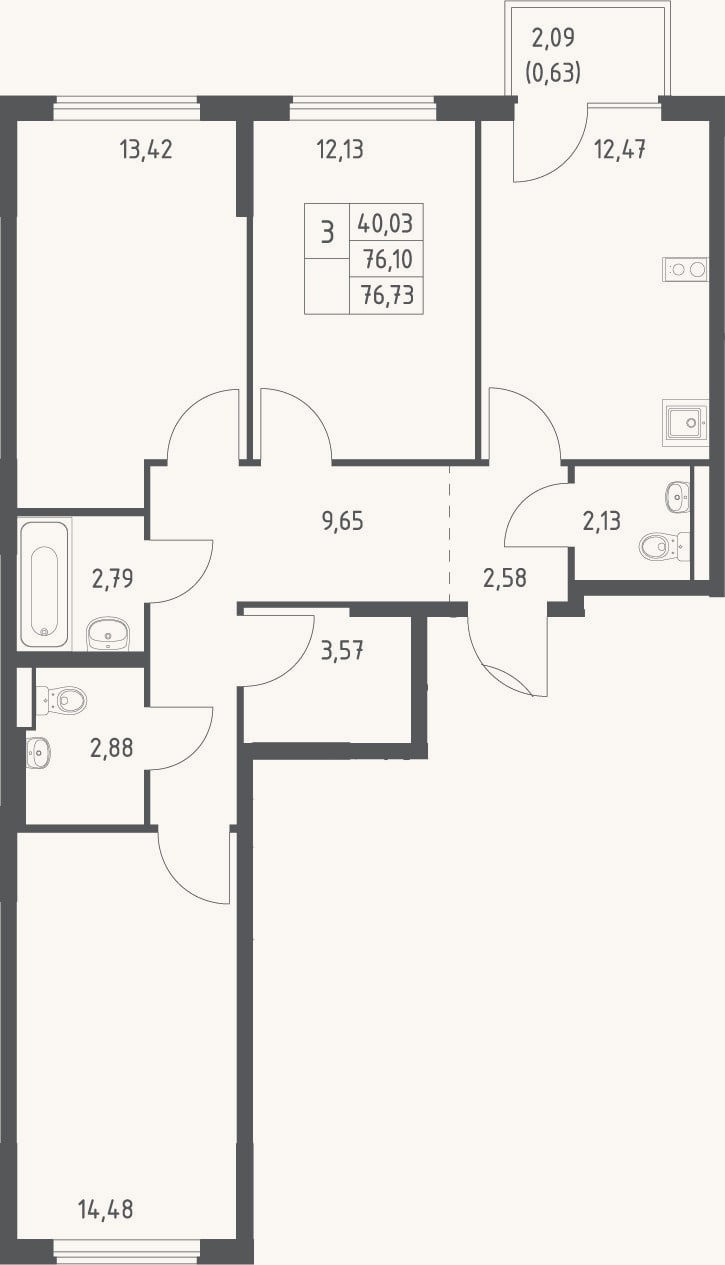 Планировка: 3-к, 76,1 м²