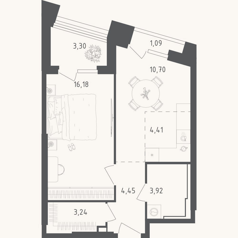Планировка: 2-к, 42,9 м²