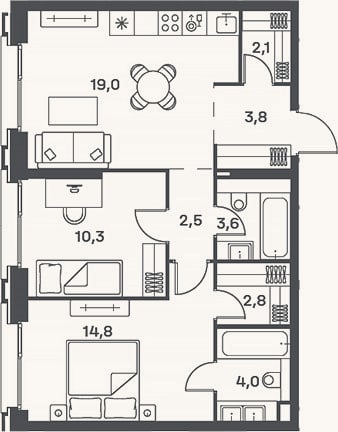 Планировка: 3-к, 62,9 м²