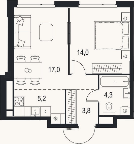 Планировка: 2-к, 44,3 м²