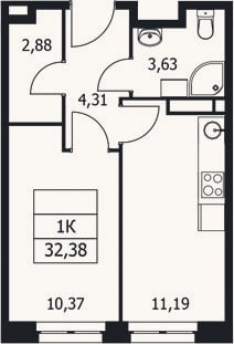 Планировка: 1-к, 32,4 м²