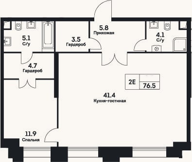 Планировка: 2-к, 76,5 м²