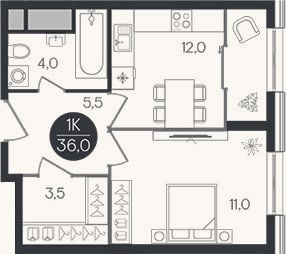 Планировка: 1-к, 36 м²