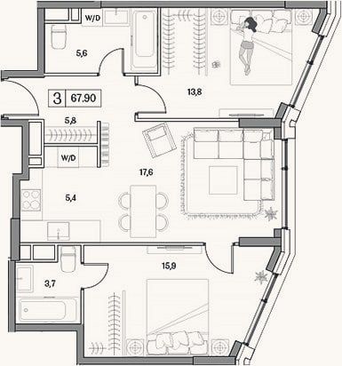 Планировка: 3-к, 67,9 м²