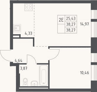 Планировка: 2-к, 38,3 м²