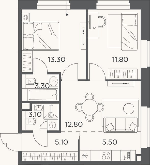 Планировка: 3-к, 54,9 м²